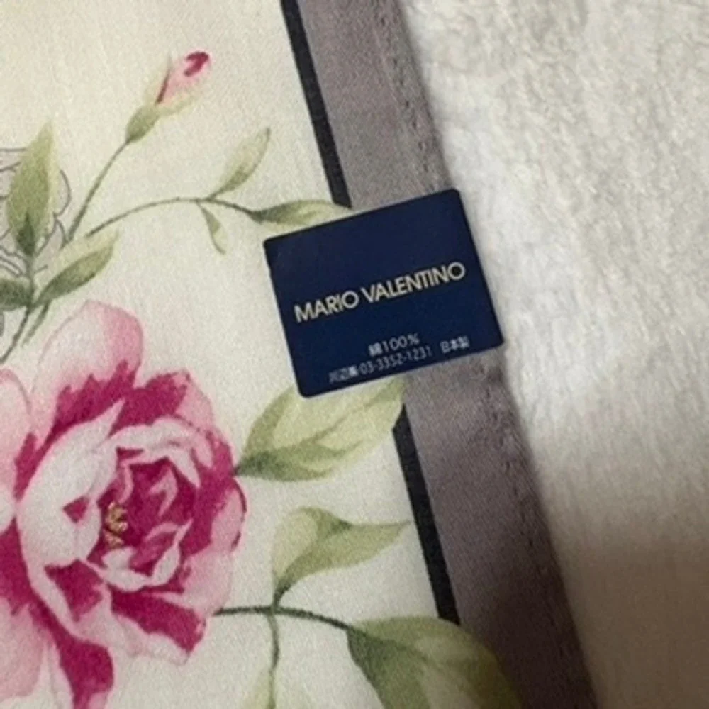 Vtg MARIO VALENTINO Scarf Handkerchief Floral Rose Cotton Cream Pink Grey